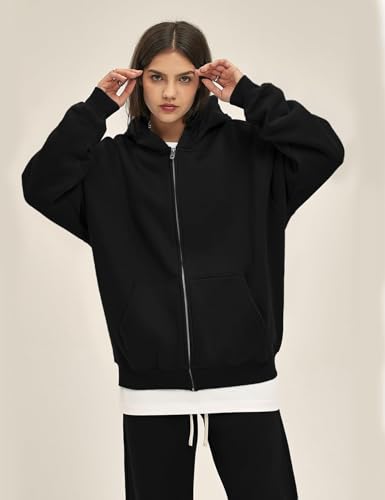 Flygo Mens Zip Up Hoodies Oversized Fleece Long Sleeve Drop Shoulder Hooded Sweatshirt Trendy Vintage Streetwear3