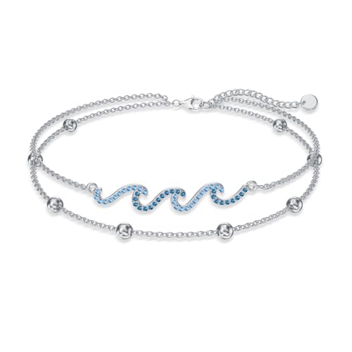 Image of 925 Sterling Silver Layered Ankle Bracelets for Women Jewelry Gifts | 925 Sterling Silver Layered Sea Turtles /Elephant /Wave Anklet Animal Bracelet Summer Ocean Beach Jewelry Gifts for Women