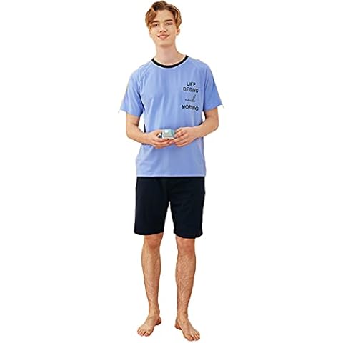 QianXiu Mens Pyjamas Set Short Cotton Short Sleeves Round Neck T-Shirt Top & Shorts Loungewear Nightwear Sets with Pockets S-XL Sky Blue Cover