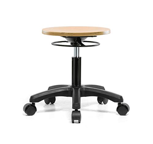 PERCH Wood Rolling Pneumatic Stool, All Around Adjustment Ring and Wheels for Carpet or Linoleum, Desk Height