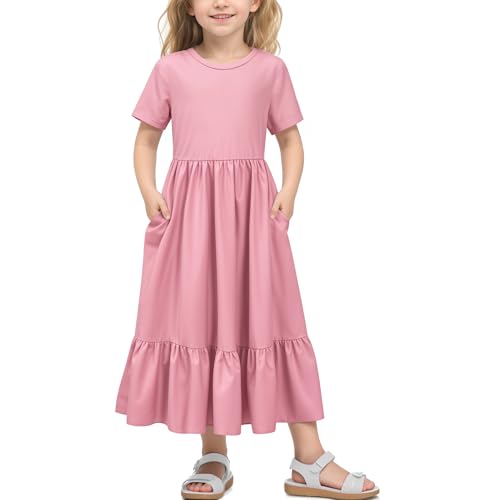 LQSZ Girls Maxi Summer Dress with Pocket Short Sleeve Spring Boho Long Sundress Casual School for Kids Size 3-12 Years