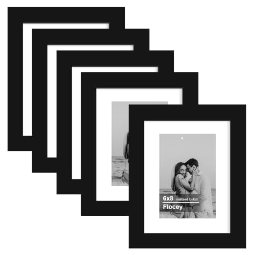 Flocey 6x8 Picture Frame 5 Pack, Black Photo Frame, Display Pictures 4x6 with Mat or 6x8 without Mat for Horizontal or Vertical Wall and Tabeltop Display