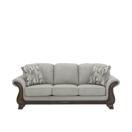 Image of Royaloak Amber Fabric Sofa 3 Seater | Soft Grey Upholstery with Thick Cushions | Designer Wooden Arm Panels and Wood Finish Skirting | 3 Seater Sofa with Super Soft Cushions for Comfort