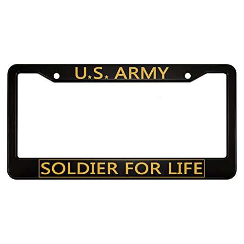 oFloral U.S. Army Soldier for Life Aluminum Alloy License Plate Frame Yellow Star Rectangular Applicable to US Standard Car Metal Car Tag Frame Black Front Plate Cover Holder for Women Men(1 Pack)