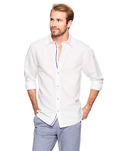 Isle Bay Linens Men's Long Sleeve Decoraive Webbing Front Placket Woven Shirt Standard Fit L White