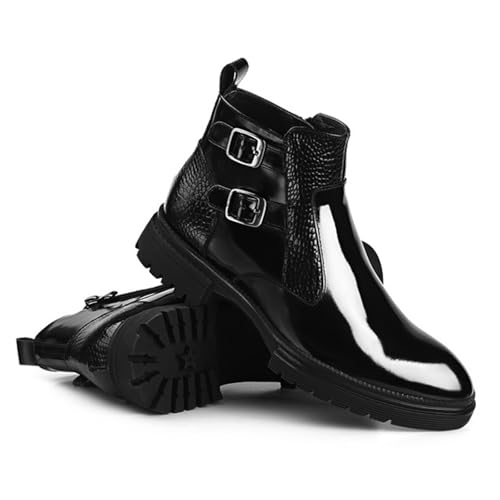 Men's Patent Leather Chelsea Ankle Boots with Zipper and Buckle Fashion Round Toe Lug Sole High Top Motorcycle Combat Boots Comfortable Casual Business Chukka Boots4