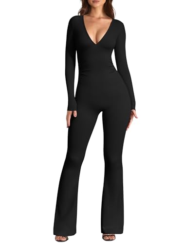 OQQ Women Jumpsuits Long Sleeve Deep V Neck Ruched Flared Jumpsuit Black