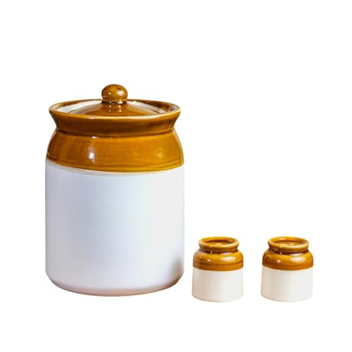 Image of 5Kg Ceramic Martban Pickle Jar - Traditional 5L Handmade Bharani With Salt & Pepper Shakers - Decorative Achaar Container For Pickles - Ceramic Jars For Kitchen Storage (Pack of 3),White