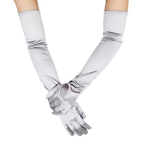 owiter Long Opera Party 1920s Satin Tea Party Gloves Costume Stretchy Adult Size Elbow Length (silver one size)