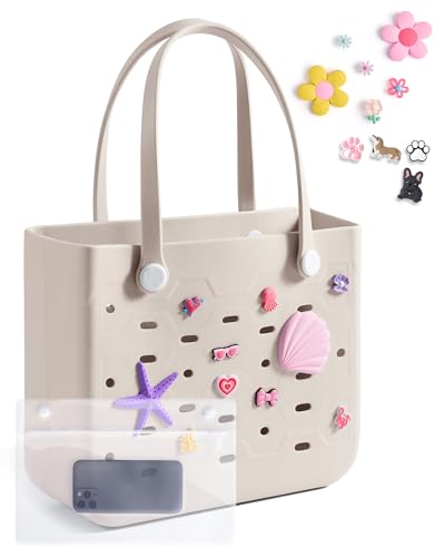 BAGSMART Beach Bag for Women Water-resistant Rubber Tote Bag Sandproof Vacation Essentials for Summer Swim Cruise Pool Apricot Medium