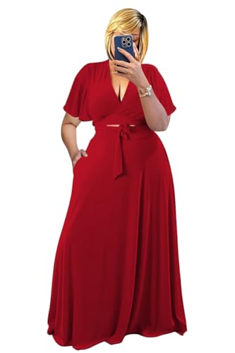 Image of Plus Size Women's 2 Piece Outfits Casual Short Ruffle Sleeve Wrap Crop Top Maxi Long Dress Flowy Matching Sets