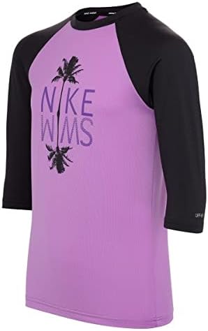 Nike Swim Girls' Palm Logo Short Sleeve Hydroguard Rash Guard Fuchsia Glow XS (6X Little Kids) / Fuchsia Glow