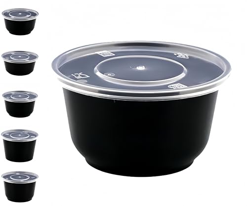 SJGEIDM弁当箱300個 - 蓋付き使い捨てプラスチックデリ食品保存容器、蓋付き電子レンジボウル、黒い食品保存容器、漏れ防止、食事の準備、ピクニック、テイクアウト、旅行、果物、スナック、液体に最適 ラウンドブラック プライマリランチボックス外部プラスチ