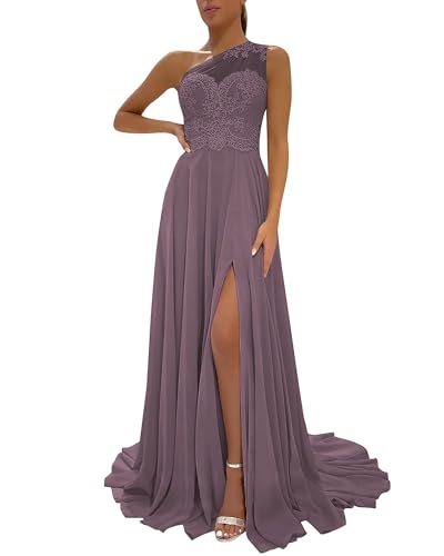 Image of One Shoulder Lace Bridesmaid Dresses Long for Wedding A-Line Chiffon Slit Formal Party Gown with Pockets