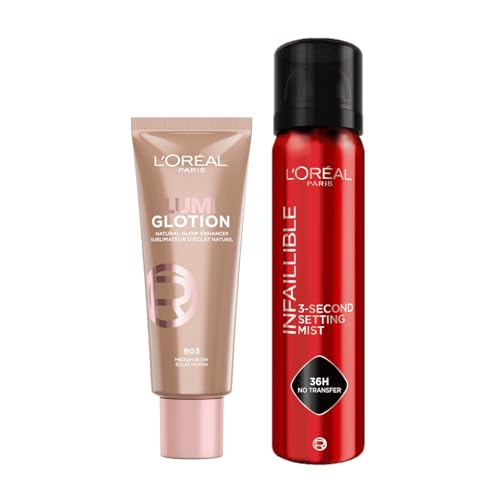 Pack L'oréal Paris Lumi Glotion Fórmula Iluminadora, Tono Medium + Spray Fijador de Maquillaje Infaillible, Resistente al Agua, Se Mantiene Hasta 36h, 75 ml