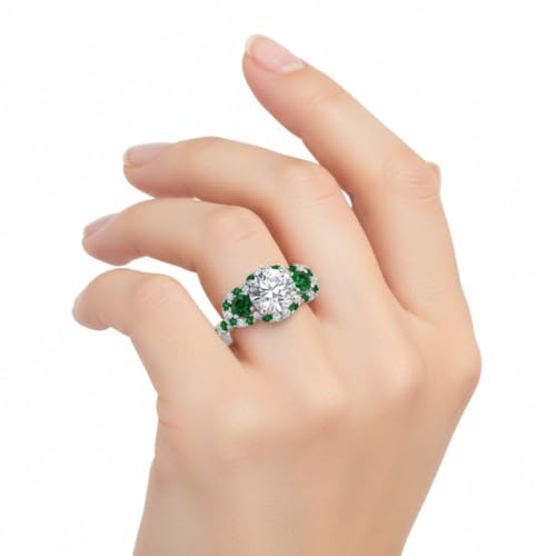 Image of 55Carat Choose Your Gemstone Delicate 3 Stone Halo Diamond CZ Ring Sterling Silver Round Shape Halo Engagement Rings Everyday Jewelry Wedding Jewelry Handmade Gifts for Wife US Size 4 to 12