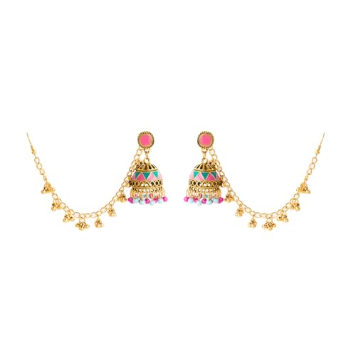 Vintage Indian Colorful Bell Tassel Dangle Drop Earrings for Women Boho Multicolor Jhumka Jhumki Stud Earring with Hair Chain Bohemian Ethnic Mexico Gypsy Bollywood Statement Fashion Jewelry