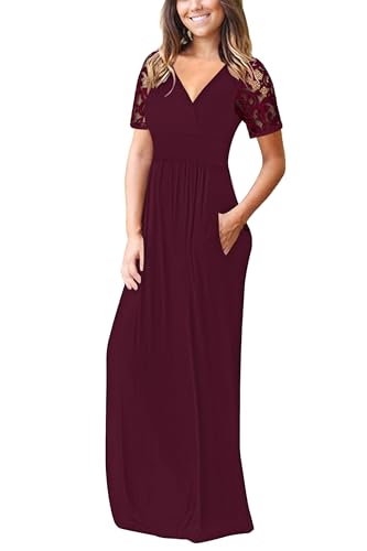AUSELILY Womens Maxi Dress 2025 Summer Lace Short Sleeve V Neck Wrap Waist Long Dresses with Pockets2