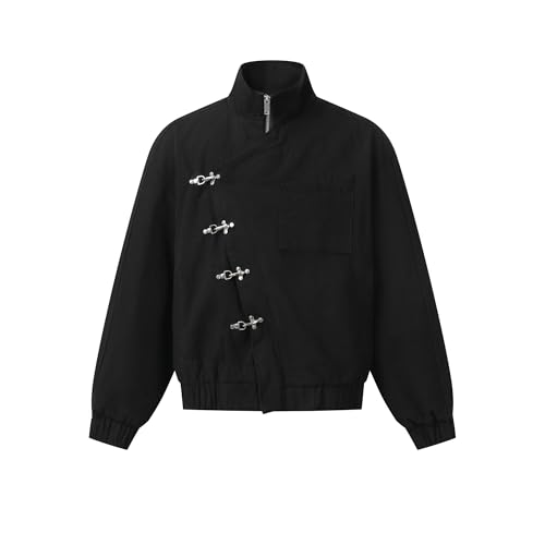 Aelfric Eden Chaqueta de hombre con botón de metal Boxy chaqueta 100% algodón cuello alto sudadera vintage Streetwear cálido abrigos, Negro , XL