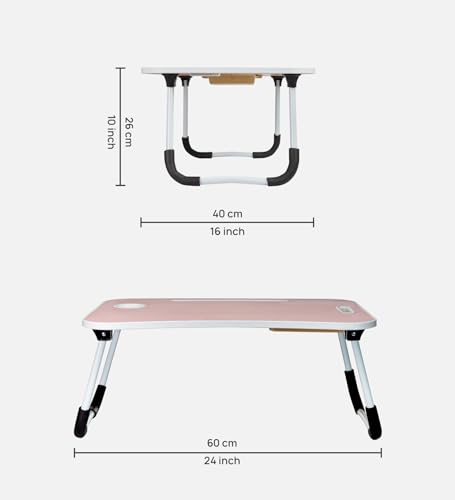 Image of GoRogue Foldable Wooden Mini Laptop Table for Bed, Study Table with Drawer, Tablet /Mobile Holder for Kids & Adults (Baby Pink)