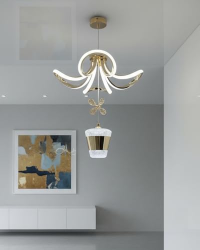Image of swanart Modern LED Chandelier Ceiling Light with Crystal Lampshade, Elegant Gold Design & 3-Light Modes, Dimmable for Living Room, Bedroom & Dining Area - Unique Butterfly Accent