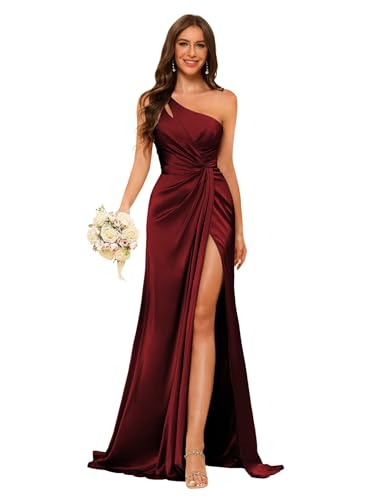 Image of vintys Women's One Shoulder Ruched Bridesmaid Dresses Long with Slit Satin Formal Prom Dress VS117