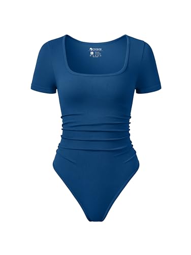 Image of OQQ Women Bodysuits Ruched Short Sleeve Square Neck Stretch Lounge Travel Bodysuits