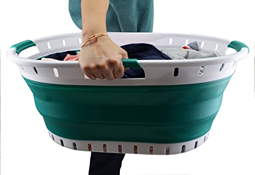 Sammart 44L Collapsible Plastic Laundry Basket - Foldable Pop Up Storage Container / Organizer - Space Saving Hamper / Basket (1, White/Dark Green), Size: 25.4 X 17.8 X 10.6 Inches #TOP6
