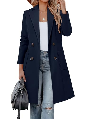 CHICZONE Womens Notch Lapel Double Breasted Wool Pea Coat Long Jackets Winter Overcoat Navy Blue XL