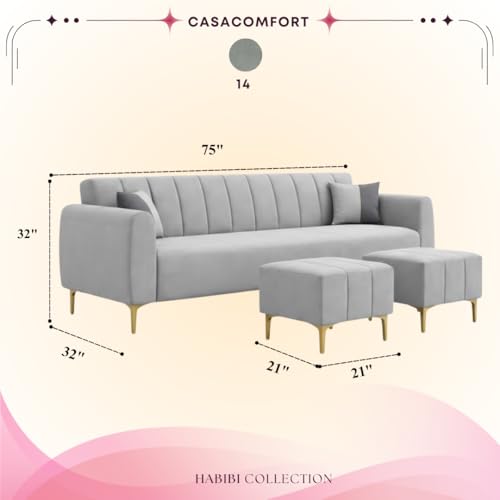 Image of Habibi 5 Seater L Shape Sofa Set with 2 Movable Ottomans | Flexible Layout | Rich Velvet Suede Fabric | Silver Legs | Modern Sofa for Living Room (Light Grey)