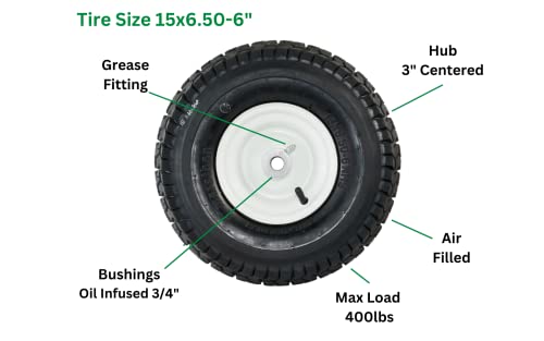 Marathon 15x6.50-6 Pneumatic Tire and Wheel Assembly, Centered Hub, Contractor-Grade Bushings, Replacement Riding Lawn Mower Front Tire, Easy Install Assembly, 20346