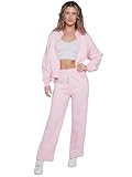 kraftd Womens Tracksuit Fleece Wide Leg Trouser & Zipper Oversized Bomber Style Sweatshirt Sets | Co-ord Set | Coordinated Outfit | Lounge Wear | 2 Pieces Suit (Baby Pink, S/M)