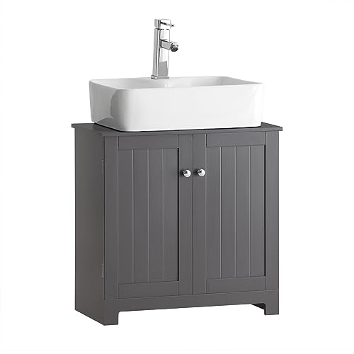 SoBuy Waschbeckenunterschrank – Badschrank mit Türen und verstellbaren Regalböden – Badmöbel aus MDF, Unterschrank für kleines Badezimmer, Dunkelgrau, 60x60x29cm, BZR18-DG