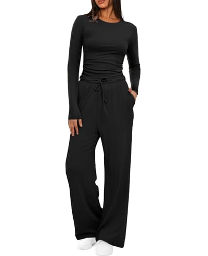 JFAN Conjunto Deportivo Mujer Casual Dos Piezas Color Sólido Elegante Conjunto Chandal Mujer Manga Larga Top y Pantalón Pata Ancha Chandal con Bolsillo,Negro M