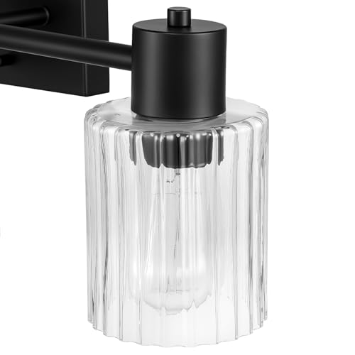 Image of Globe Electric 3-Light Vanity Light, Matte Black, Clear Ribbed Glass Shades