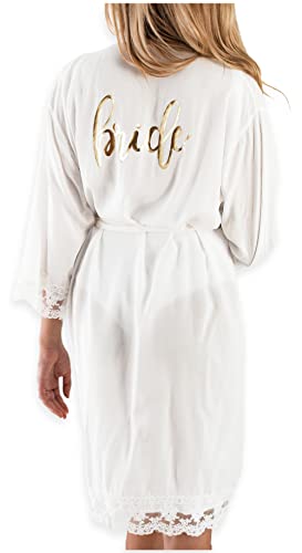 ModParty Bride Wedding Robe | White Cotton Getting Ready Robe with Lace Detailing | Lightweight Bridal Day Of Kimono | Bridal Shower Gift Idea for Bride to Be