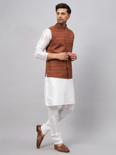 Image of VASTRAMAY Men's Matka Silk Nehru Jacket Kurta Pyjama Set - Textured Silk Blend Ethnic Wear for Eid, Weddings & Festive Occasions