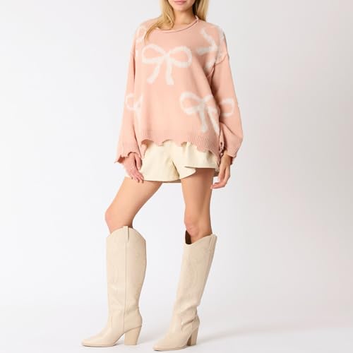 Image of Women Cute Bow Knit Sweater Y2k Long Sleeve Crew Neck Knitted Pullover Top Oversized Going Out Fall Winter Knitwear
