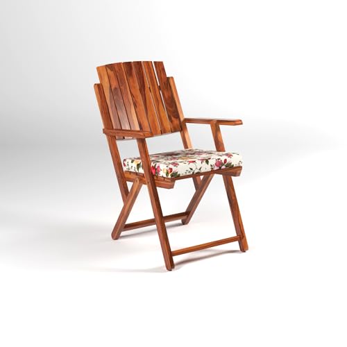 Image of Sheesham Wooden Portable Foldable 2 Seater Chair with Table Set Outdoor Balcony Garden Coffee Table Set Furniture with 1 Table and 2 Chairs Set (Honey Finish)