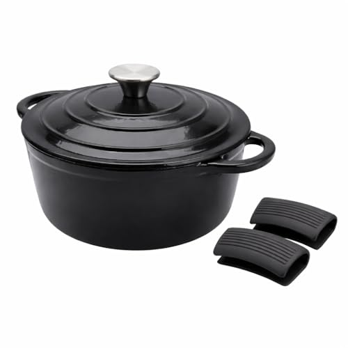 Everypan Éclat 2.5L Cast Iron Dutch Oven with Silicone Handle Covers, Enamelled Non-Stick Casserole Pot, Heavy-Duty Cookware for Baking, Braising,Roasting Dish & Stews Obsidian Black 20cm