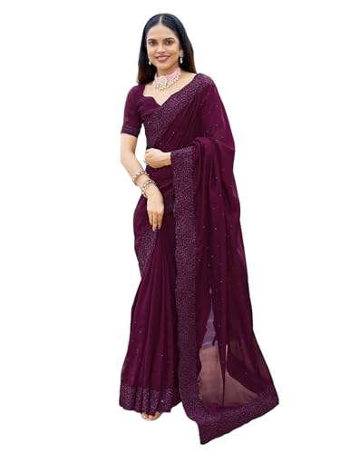 SIRIL - SIRIL Sari Vichitra en soie brodée avec broderie pour femme, Vin 1, taille unique