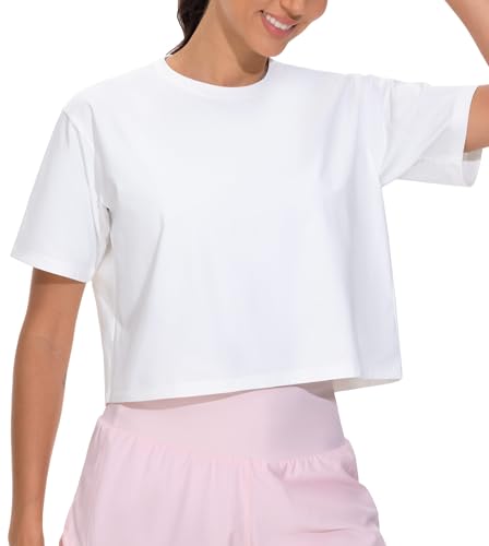 THE GYM PEOPLE 2 Pack Women's Workout Crop Tops Boxy Short Sleeve Athletic Running Basic Cropped T-Shirts2