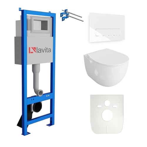 Lavita LAV 101 Vorwandelement für WC 40cm + Wand Hänge Tiefspül WC MONDO Weiß Spülrandlos + Bedienplatte LAV 200.3.1 Weiß | Komplettset | Unterputz Spülkasten | Toilette Komplett Sett