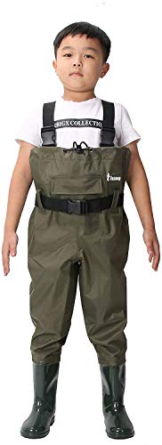 Ouzong Chest Waders for Kids, Lightweight Cleated Nylon and PVC Fishing Bootfoot Chest Waders for Boy and Girl with Boot Hanger, Army Green Waterproof Chest Waders for Children (Green, 2/3)