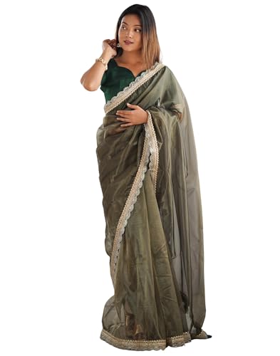 Image of SIRIL Women's Shimmer Net Lace Border Dual Tone Saree with Unstitched Blouse Piece