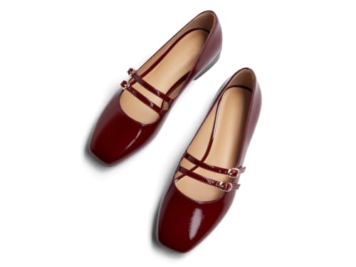 Burgundy square-toe double-strap Mary Jane flats