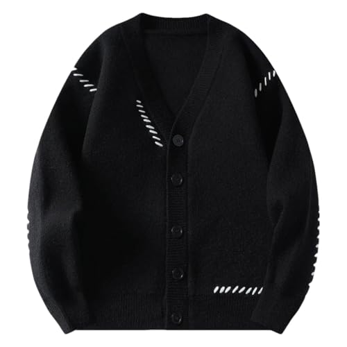 Contrast Color Stitching V-Neck Single-Breasted Loose Large Size Men's Casual Sweater Cardigan