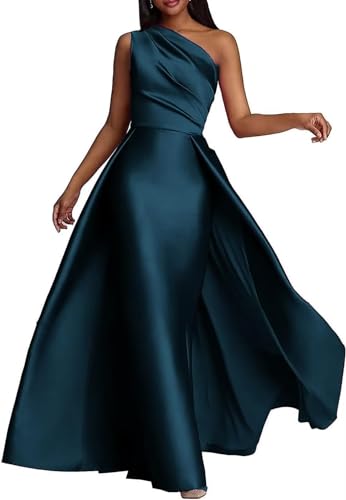 Women's One Shoulder Prom Dresses Long Satin Sleeveless Ruched Ball Gown 2024 Evening Dress with Overskirt