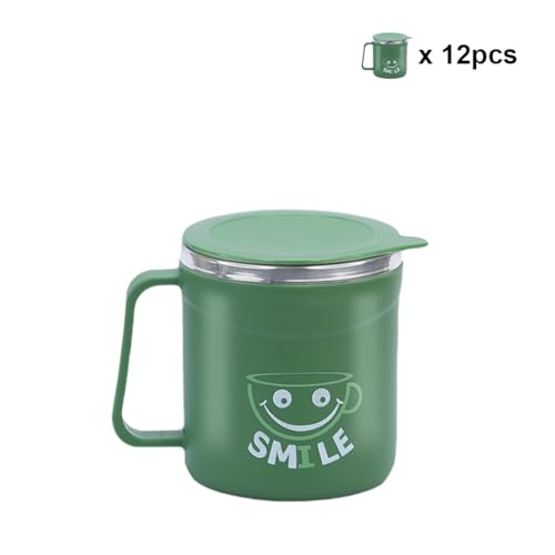 Image of ATTRO Happy Mug Set of 12-Comes with Double Wall Inner Stainless Still & Lid Stylish Cup Ideal for Hot Coffee, Tea - 300ml-Olive Green