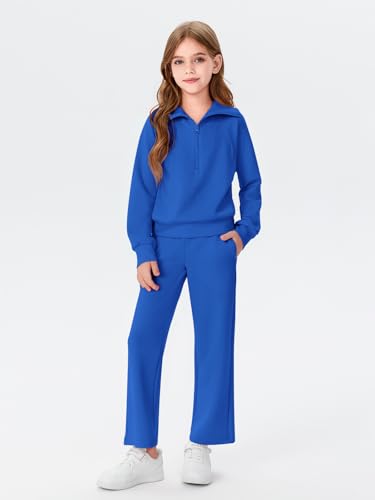 Image of Haloumoning Girls 2 Piece Outfits Sweatsuit Half Zip Long Sleeve Sweatshirts Sweatpants Tracksuit Sets 5-14 years